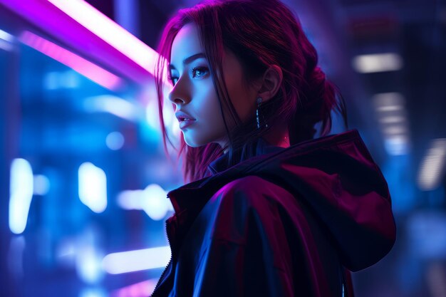 A woman in a black jacket standing in front of neon lights