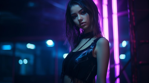 a woman in a black leather top standing in front of neon lights