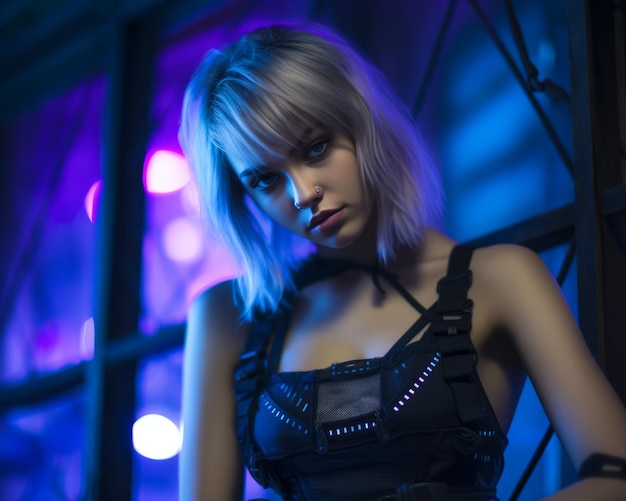 a woman in a black outfit with neon lights in the background