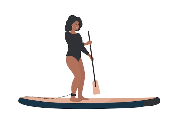 A woman in a black swimsuit is standing on a paddle board, SUP board, Stan Up Paddle board