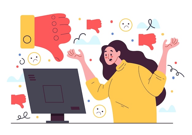 Woman blogger character get social media dislike reaction flat design element illustration