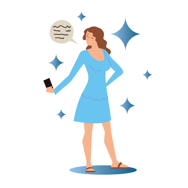 Vector woman in blue dress with smartphone takes selfie illustration