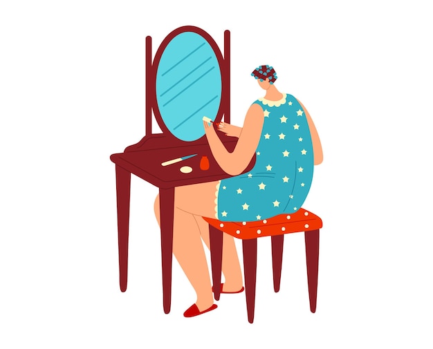 Vector woman in blue pajamas with stars applying makeup at vanity table female in nightwear getting ready