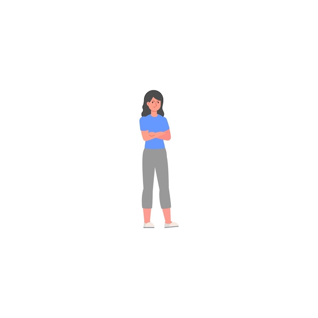 青いシャツを着た女性が白い背景の前に立っています