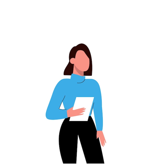 Женщина в синем свитере с планшетом Лицо, представляющее повестку дня Деловая женщина громко говорит Главный объект на белом фоне Векторная цветная иллюстрация