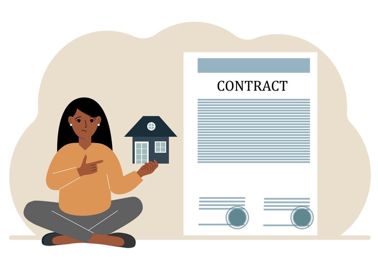 Vector a woman on the boat holds a house nearby a big contract real estate transaction concept purchase sale rent or rental house