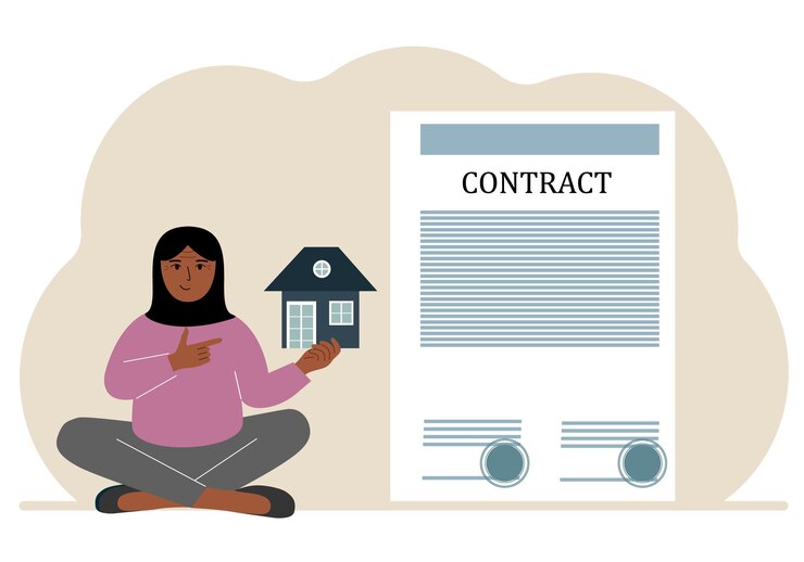 Vector a woman on the boat holds a house nearby a big contract real estate transaction concept purchase sale rent or rental house