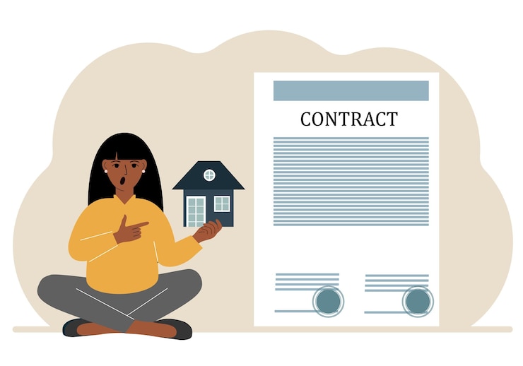 Vector a woman on the boat holds a house nearby a big contract real estate transaction concept purchase sale rent or rental house