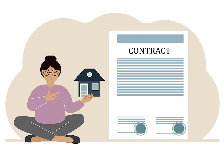 Vector a woman on the boat holds a house nearby a big contract real estate transaction concept purchase sale rent or rental house