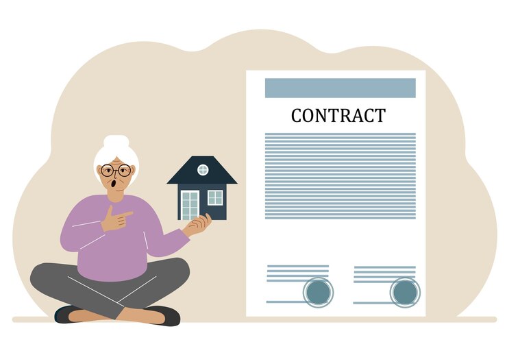 Vector a woman on the boat holds a house nearby a big contract real estate transaction concept purchase sale rent or rental house