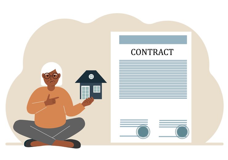 Vector a woman on the boat holds a house nearby a big contract real estate transaction concept purchase sale rent or rental house