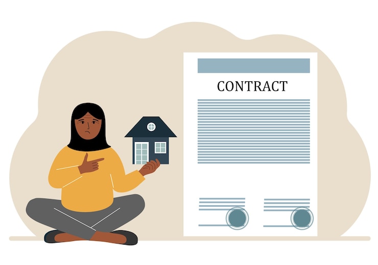 Vector a woman on the boat holds a house nearby a big contract real estate transaction concept purchase sale rent or rental house