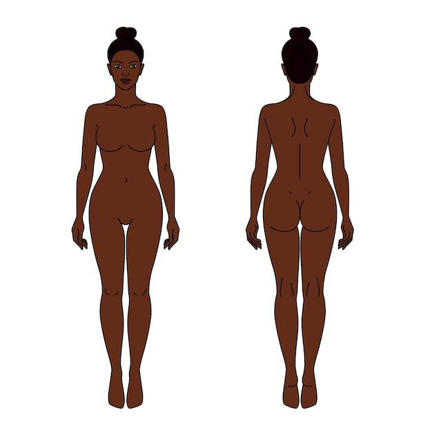 Illustrazione vettoriale della vista anteriore e posteriore del corpo della donna ragazza afroamericana linea di contorno isolata