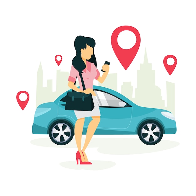 Женщина заказывает такси с помощью приложения на мобильном телефоне. Транспортные услуги онлайн. Концепция путешествия. иллюстрация