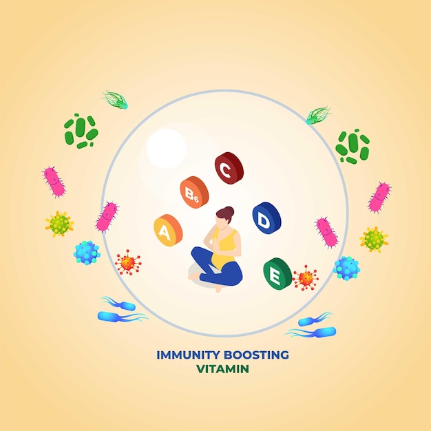 Vector woman boosting her immune system with vitamins isometric 3d