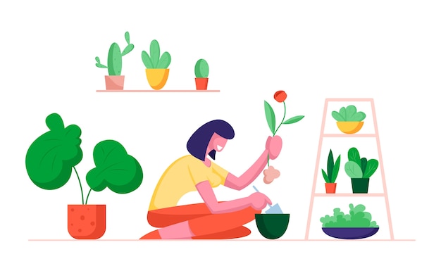 Vector woman botanist holding spade digging home plant replanting to another pot