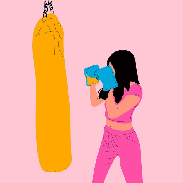 Женщина в боксерских перчатках позирует на боксерской груше в спортивной одежде. Концепция силы девушки. Мультфильм вектор