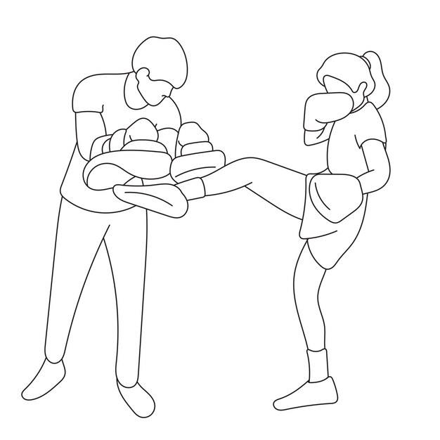 Vector woman boxing training exercise with male trainer illustration vector hand drawn