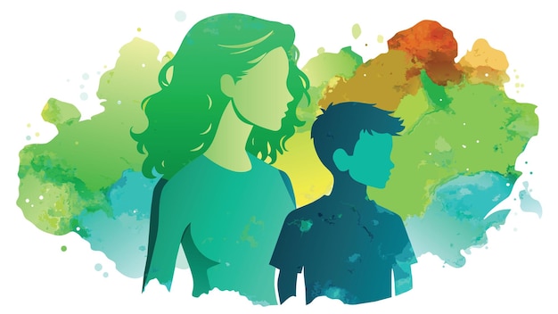 a woman and a boy are standing looking right side with a colorful watercolor background