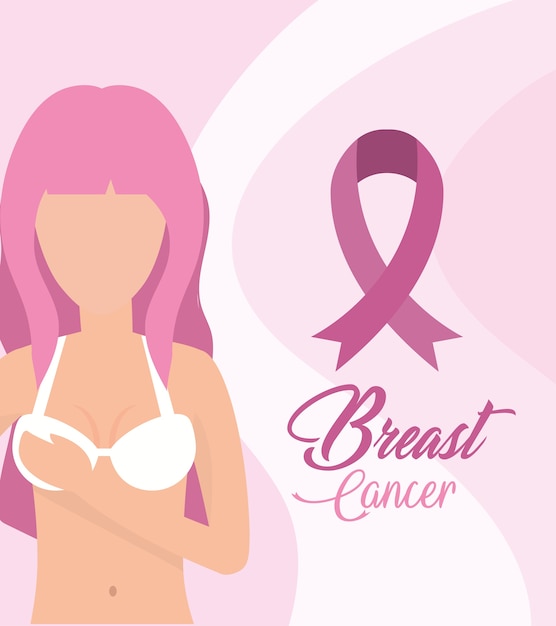 Vector woman breast cancer with pink ribbon