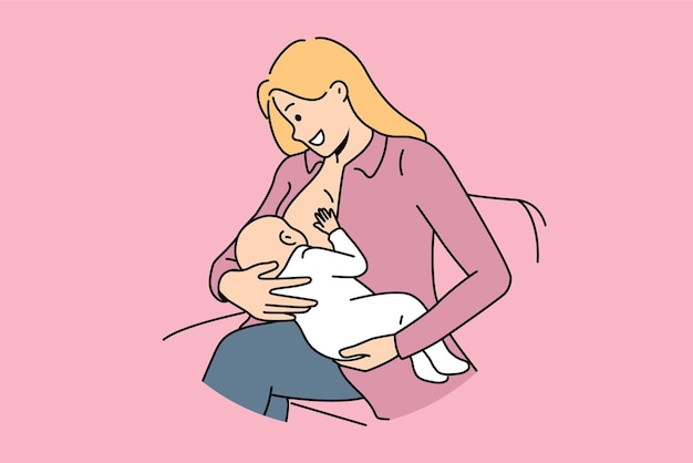 ベクトル 女性は乳児に母乳を与え、最初の子の誕生後に母性の喜びを感じて微笑みます幸せな母親はソファに座り、人工離乳食をやめるというコンセプトのために赤ちゃんに母乳を与えます