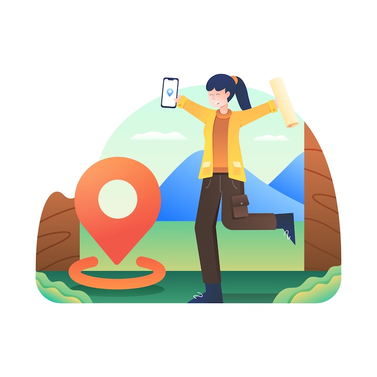 Vector woman brings the map and reaches the destination