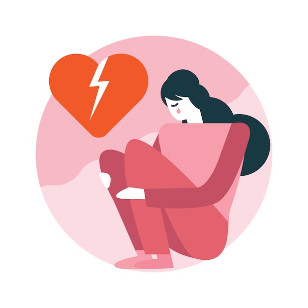 Vector woman broken heart sitting in room.