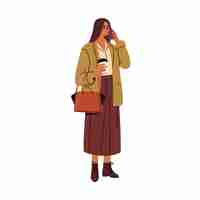 Vector a woman in a brown skirt is drinking coffee and holding a cup of coffee