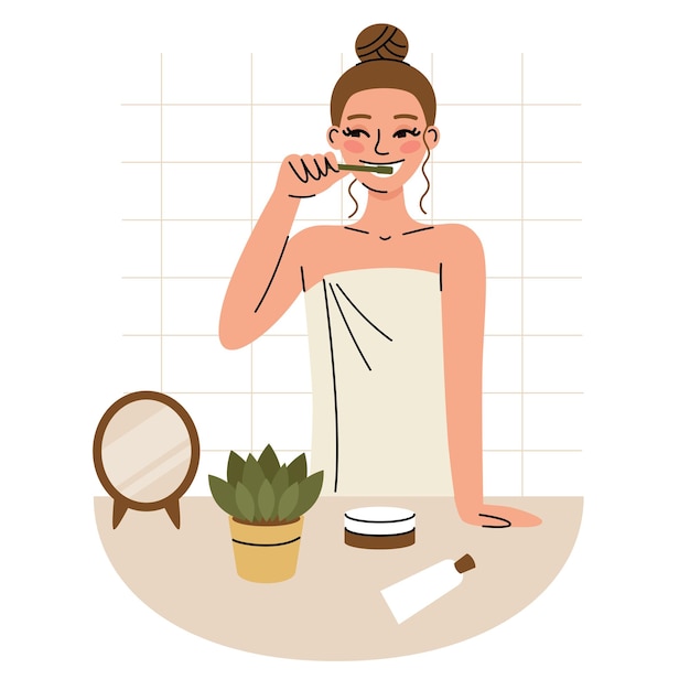 女性がトイレで歯磨きをしている朝の日常衛生と歯科ケアのフラット漫画
