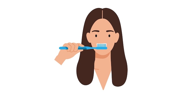 Woman brushing her teeth in a minimal flat design vector illustration