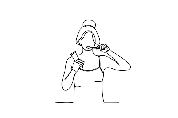 A woman brushing her teeth in the morning Morning activities oneline drawing