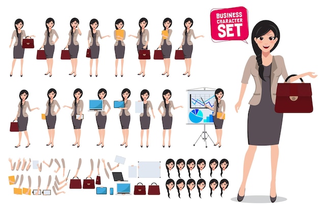 Woman business character vector set Female office worker holding bag with various poses