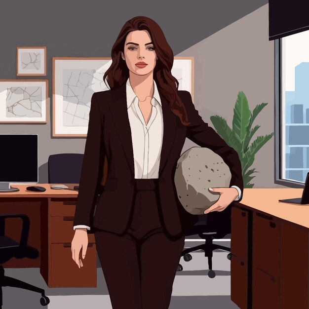 Женщина в деловом костюме, несущая валун, означающий тяжелую ответственность и бремя векторной клипарт