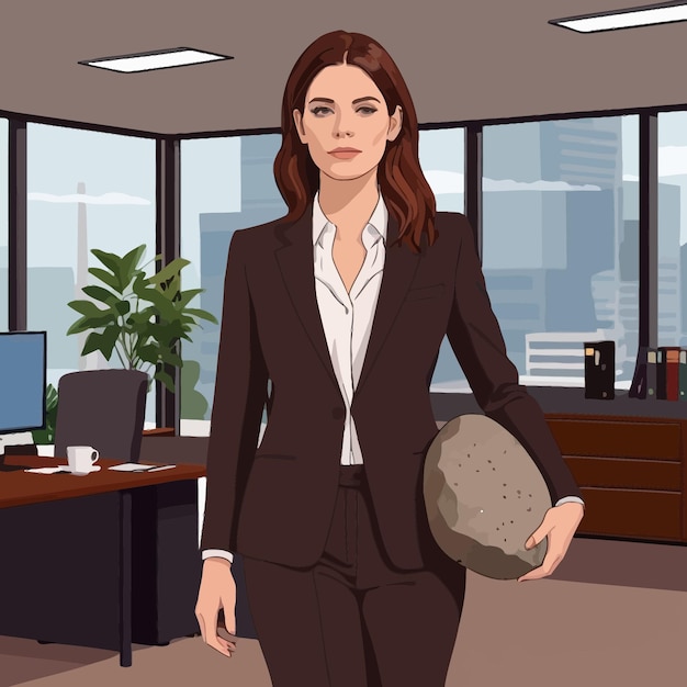 Женщина в деловом костюме, несущая валун, означающий тяжелую ответственность и бремя векторной клипарт
