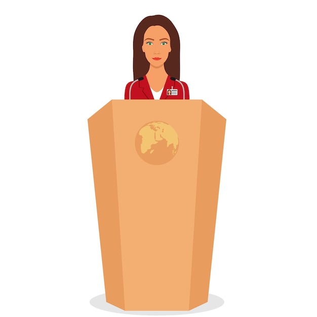 Woman in a business suit stands on a podium in front of the microphones Woman orator speaking from tribune Vector illustration