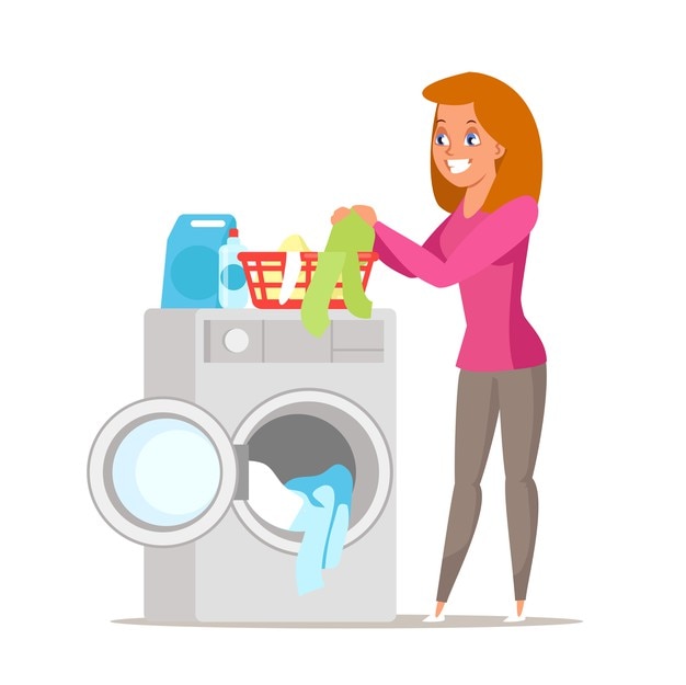 Woman busy with dirty laundry illustration, cartoon wife, mother putting clothes in washing machine, cute housewife doing domestic chores isolated character, laundromat, domestic appliances