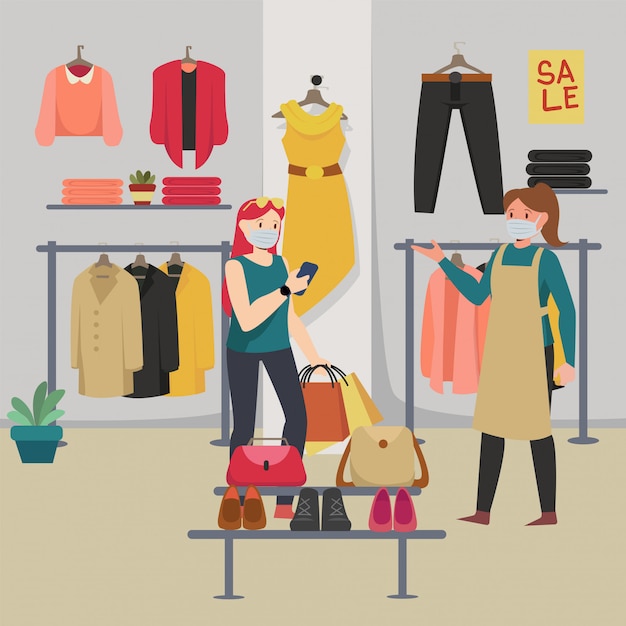 Vector a woman buying clothes at boutique while keeping distance with others