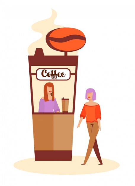 Vector woman buying coffee at coffee-box before dating