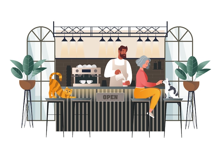 Vector woman buying coffee in cozy pet-friendly coffee shop with her cat, pet-friendly city.