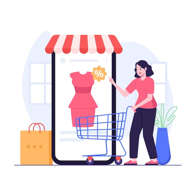 Vector woman buying dress online using mobile phone