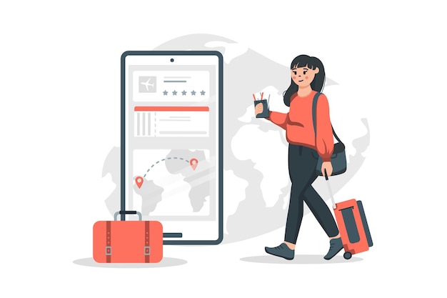 Donna che acquista il concetto di biglietto aereo in design piatto giovane turista con i bagagli che sceglie i biglietti aerei utilizzando l'app mobile il viaggiatore va in vacanza illustrazione vettoriale con scena di persone per il web