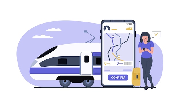 Donna che acquista il biglietto del treno online sullo smartphone illustrazione vettoriale