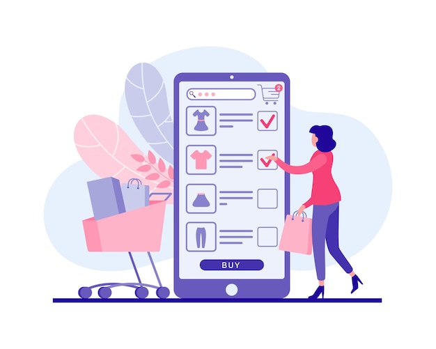 Вектор Женщина покупает одежду в плоской иллюстрации мобильного веб-приложения. женский персонаж отправляет понравившиеся товары в онлайн-корзину. выгодные скидки в интернет-магазинах, качественный маркетинг.