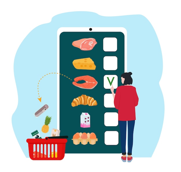 A woman buys food in a mobile app. online supermarket, ordering groceries.