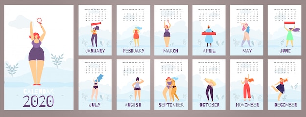 Woman calendar 2020 12 month feministische vlakke stijl