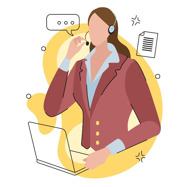 Vector woman at a call center or client services in smart suit modern flat vector design illustrations