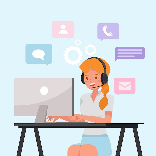 Vector woman call center workers in headphones and sitting in office customer service hotline operators support department staff technical support people character vector design