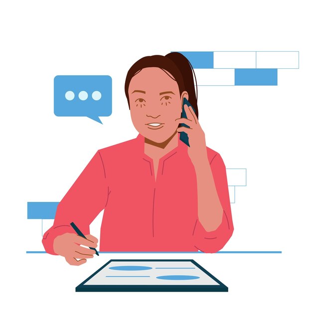 Vector woman on call writing down in office in flat illustration