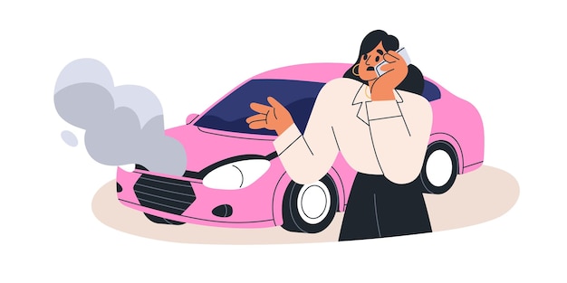 woman calling for help talking on mobile phone after car accident driver speaking on smartphone with repair service near broken damaged auto flat vector illustration isolated on white background