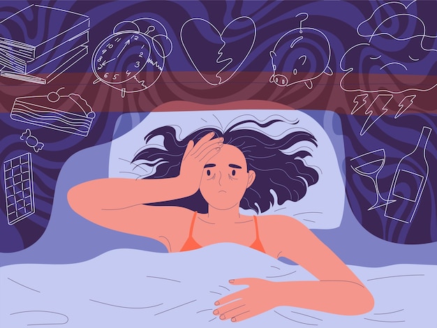 Vector woman cannot fall asleep at night lying on the bed